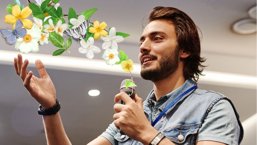 man speaking pretty flowers out of mouth